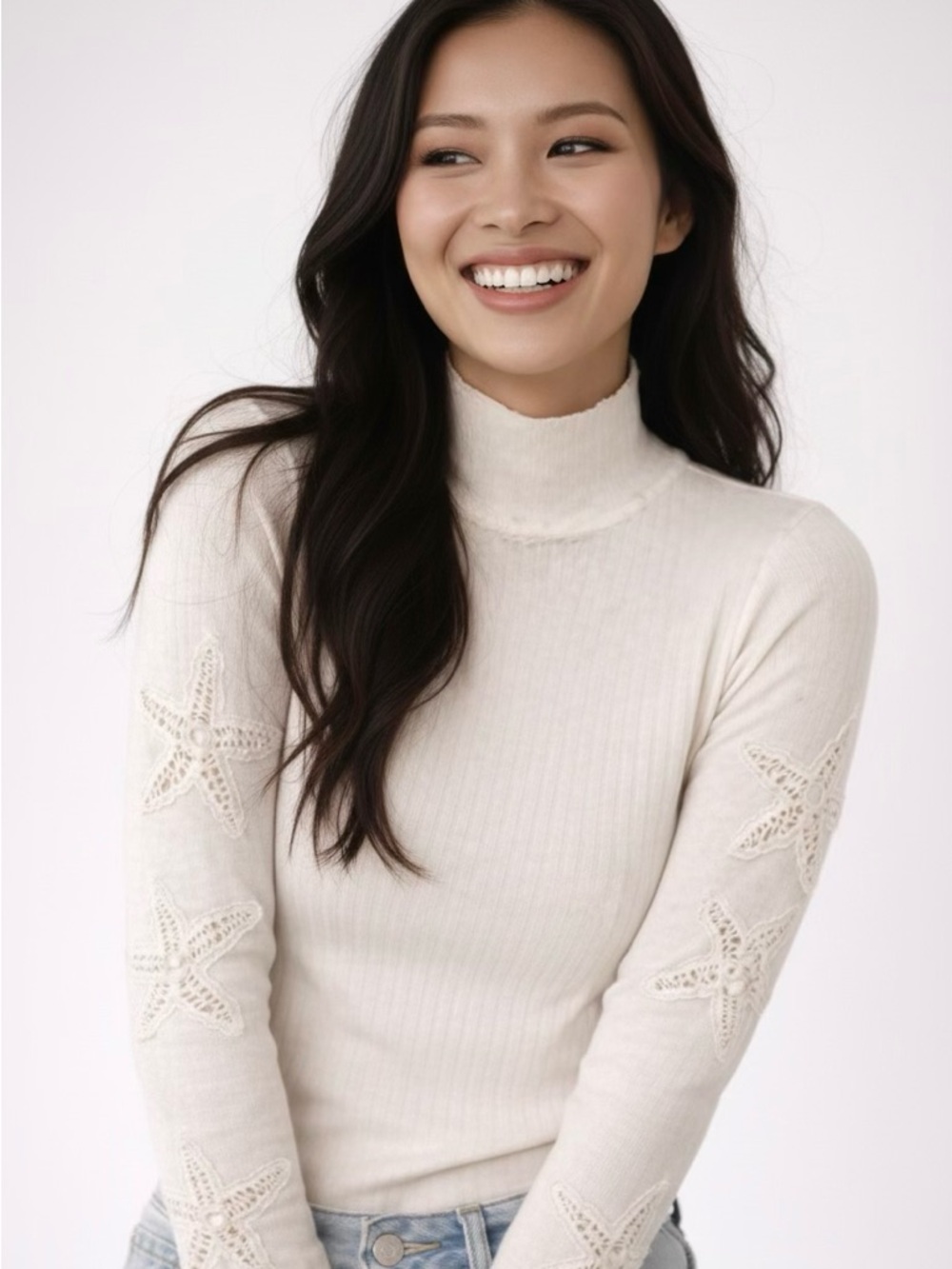 Free People Ivory Starfish Sleeve Lightweight Top XS Coastal Cottagecore